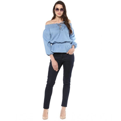 Generic Women's Denim Solid 3-4th Sleeves Regular Top (Blue)