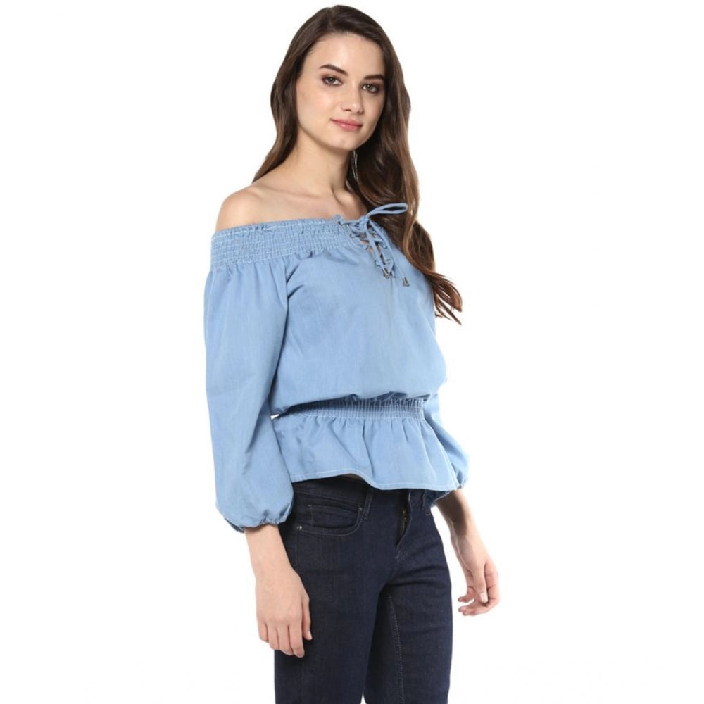 Generic Women's Denim Solid 3-4th Sleeves Regular Top (Blue)