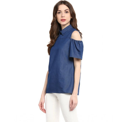 Generic Women's Denim Solid Cold Shoulder Regular Top (Blue)