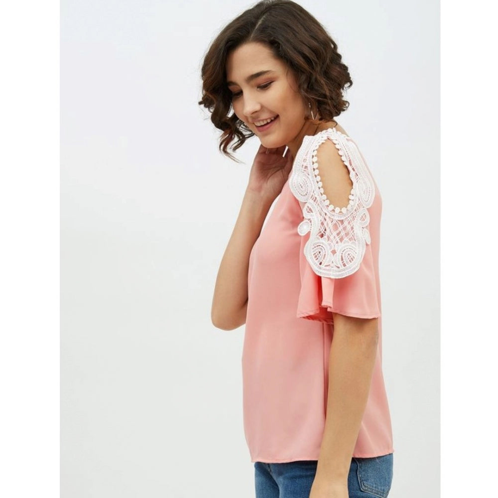 Generic Women's Polyester Lace Inserts Cold Shoulder Top (Pink)