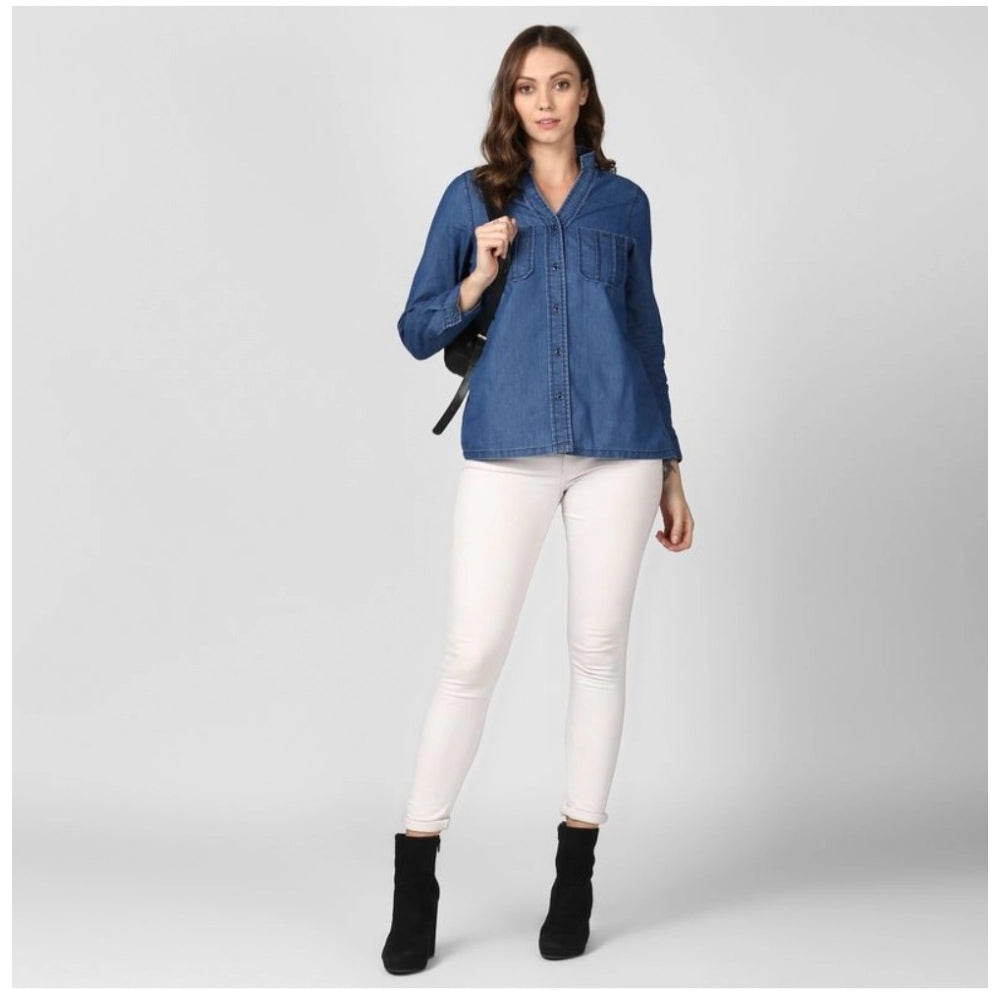Generic Women's Denim Solid Long Sleeves Top (Blue)