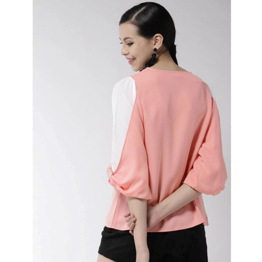 Generic Women's Polyester Colour Block Slit Sleeve Top (Pink)