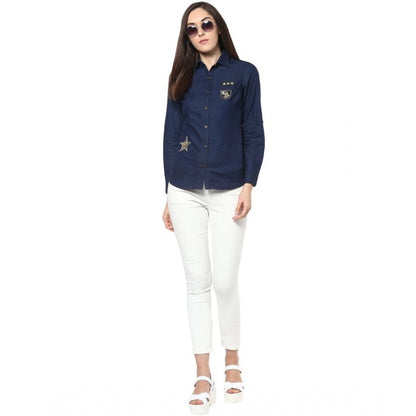 Generic Women's Denim Patch Work Long Sleeves Standard Length Shirt (Blue)