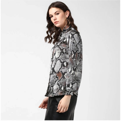 Generic Women's Satin Animal Print Long Sleeves Standard Length Shirt (Black - Grey)