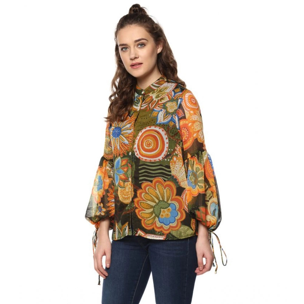 Generic Women's Polyester Floral Balloon Sleeve Top (Mustard - Olive)