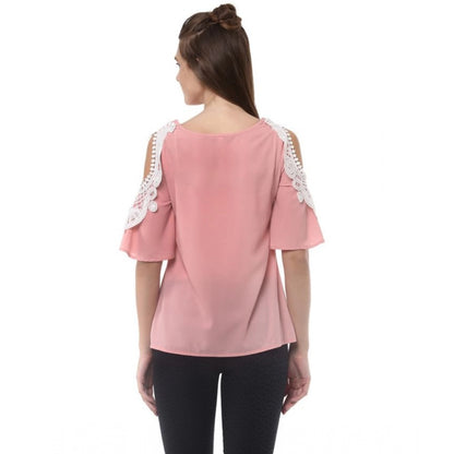 Generic Women's Polyester Lace Inserts Half Sleeve Top (Pink)