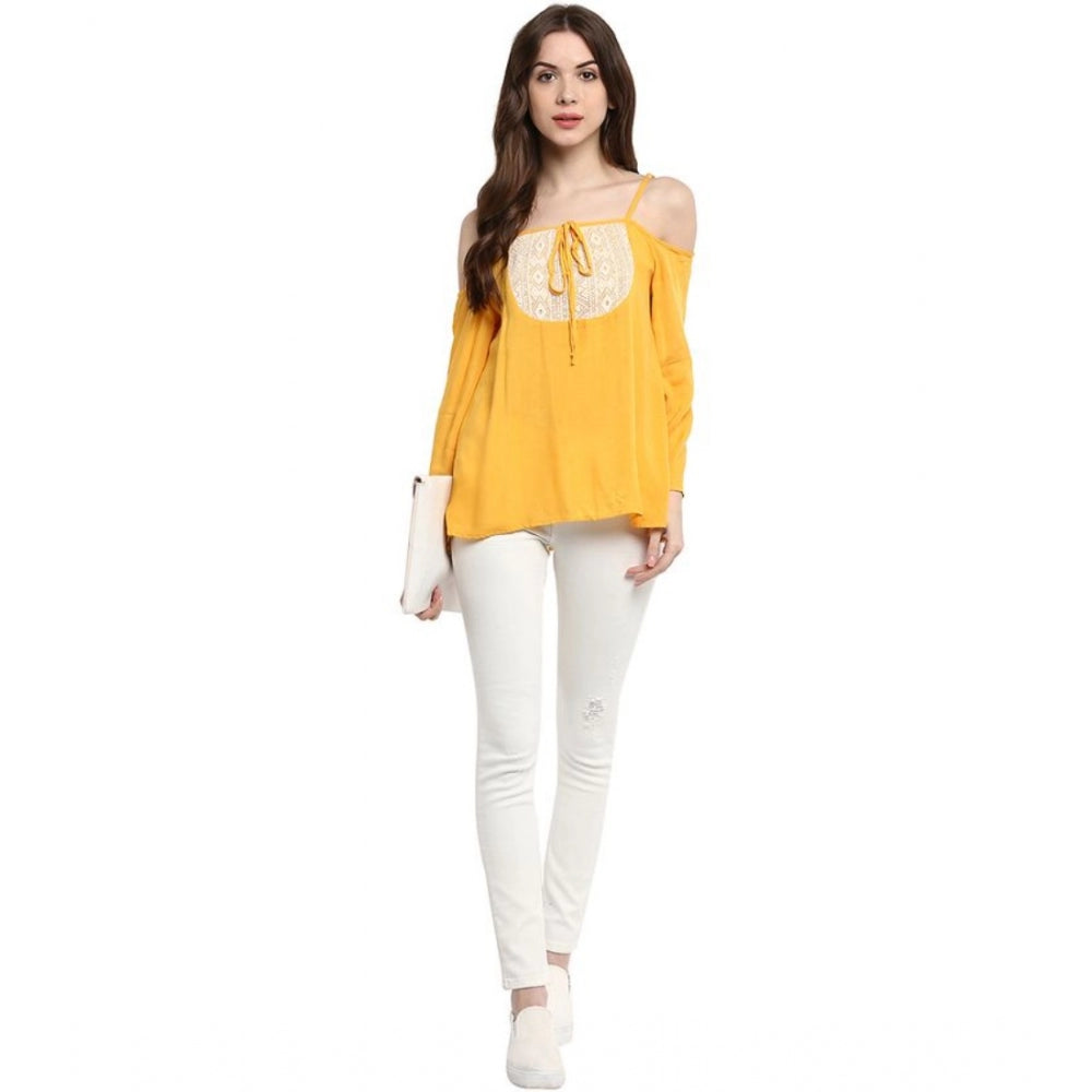 Generic Women's Rayon Embellished Cold Shoulder Regular Top (Mustard Yellow)