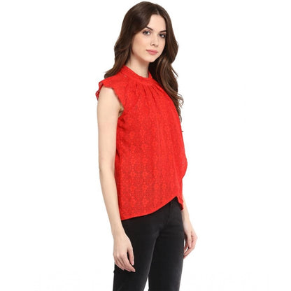 Generic Women's Cotton Lace Embellished Cap Sleeve Regular Top (Red)