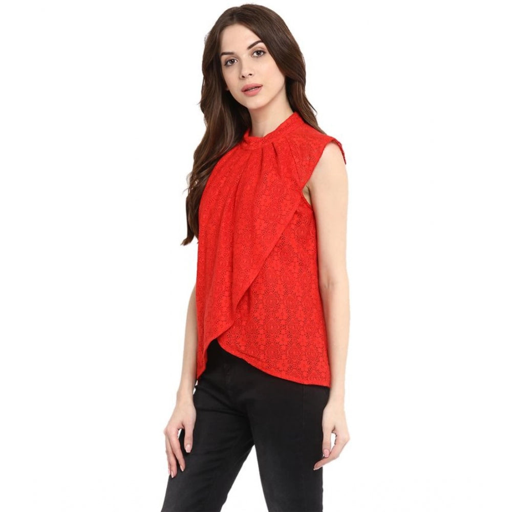 Generic Women's Cotton Lace Embellished Cap Sleeve Regular Top (Red)