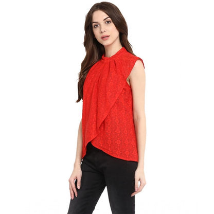 Generic Women's Cotton Lace Embellished Cap Sleeve Regular Top (Red)