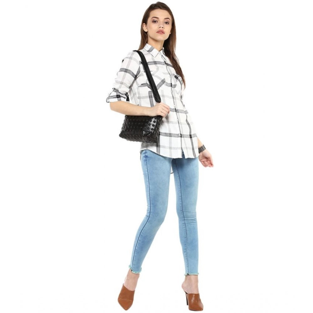 Generic Women's Rayon Checkered Long Sleeves Standard Length Shirt (Black - White)