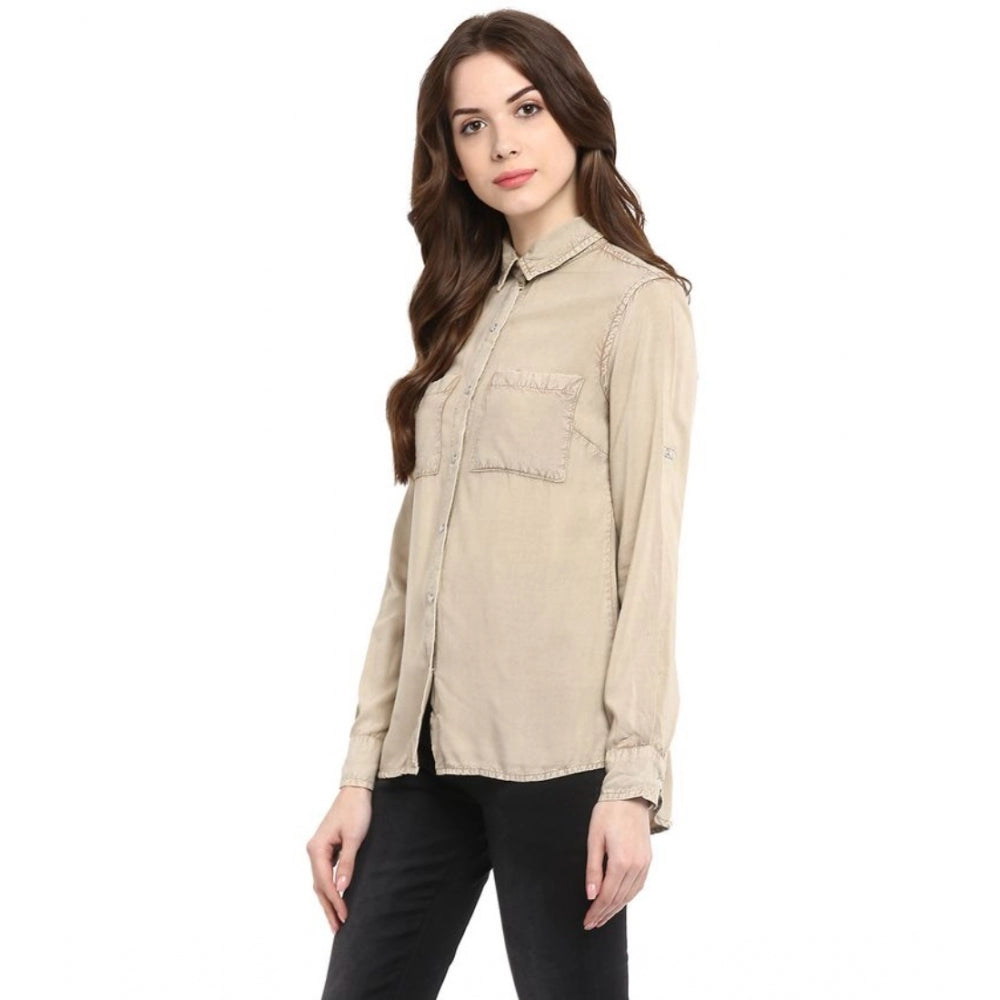 Generic Women's Rayon Solid Long Sleeves Standard Length Shirt (Beige)