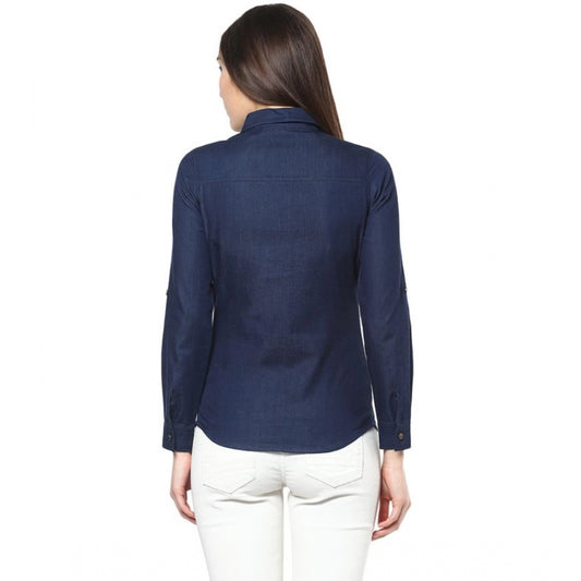 Generic Women's Denim Patch Work Long Sleeves Standard Length Shirt (Blue)