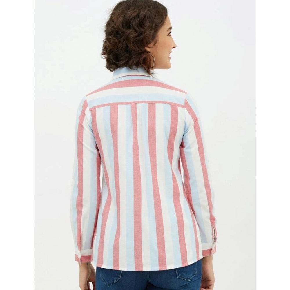 Generic Women's Cotton Striped Long Sleeves Standard Length Shirt (Pink)