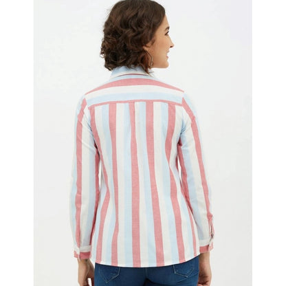 Generic Women's Cotton Striped Long Sleeves Standard Length Shirt (Pink)