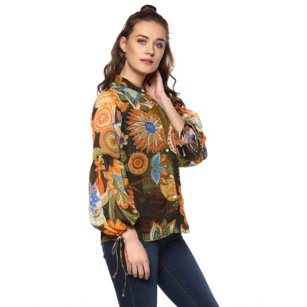 Generic Women's Polyester Floral Balloon Sleeve Top (Mustard - Olive)