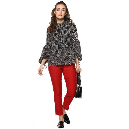 Generic Women's Polyester Printed Balloon Sleeve Top (Black - White)