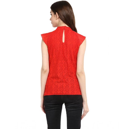 Generic Women's Cotton Lace Embellished Cap Sleeve Regular Top (Red)