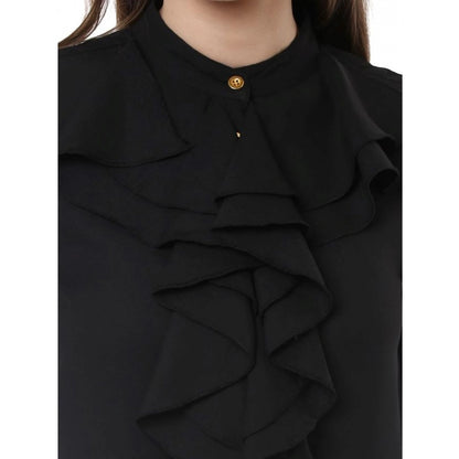 Generic Women's Polyester Ruffled Long Sleeves Top (Black)