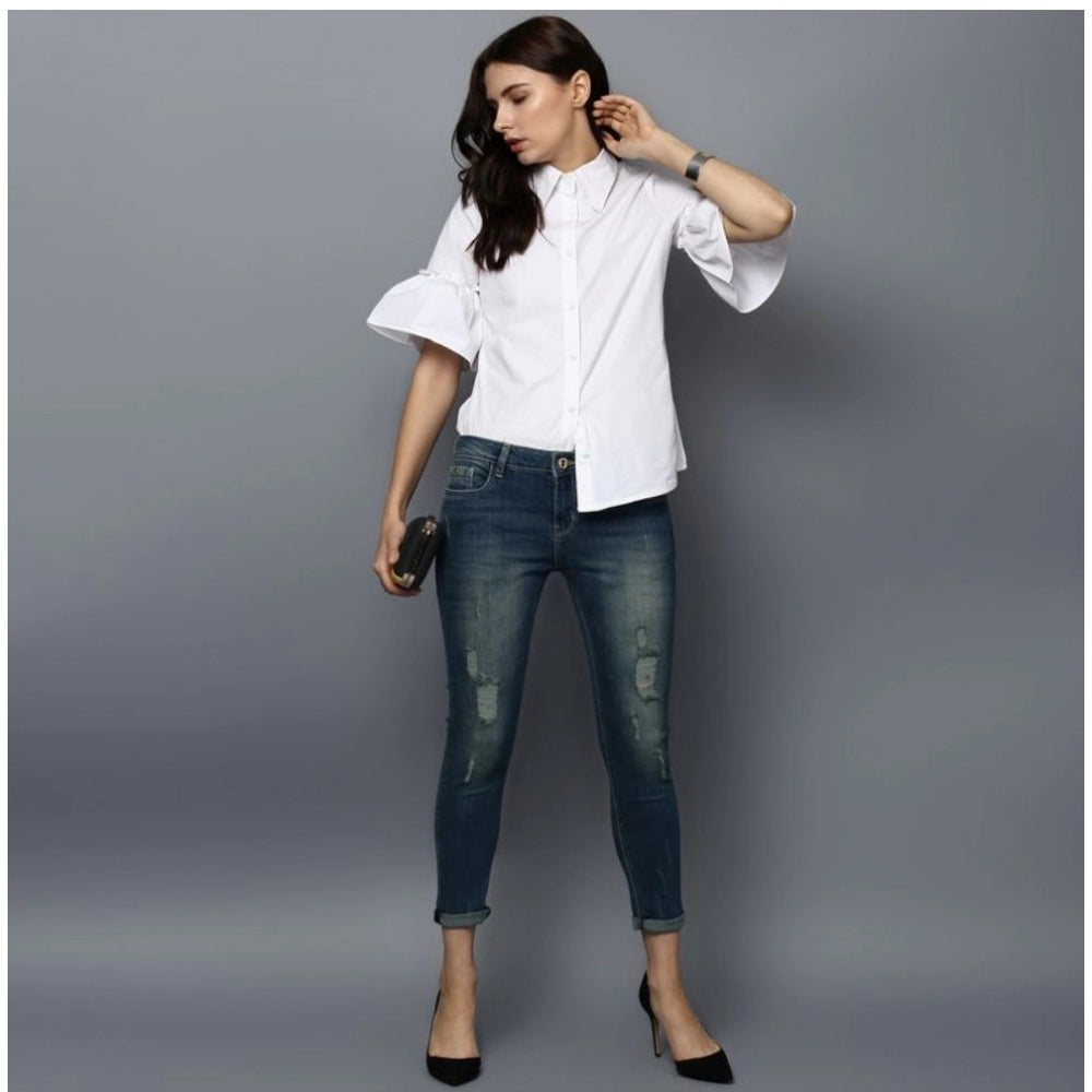 Generic Women's Cotton Solid Bell Sleeve Top (White)