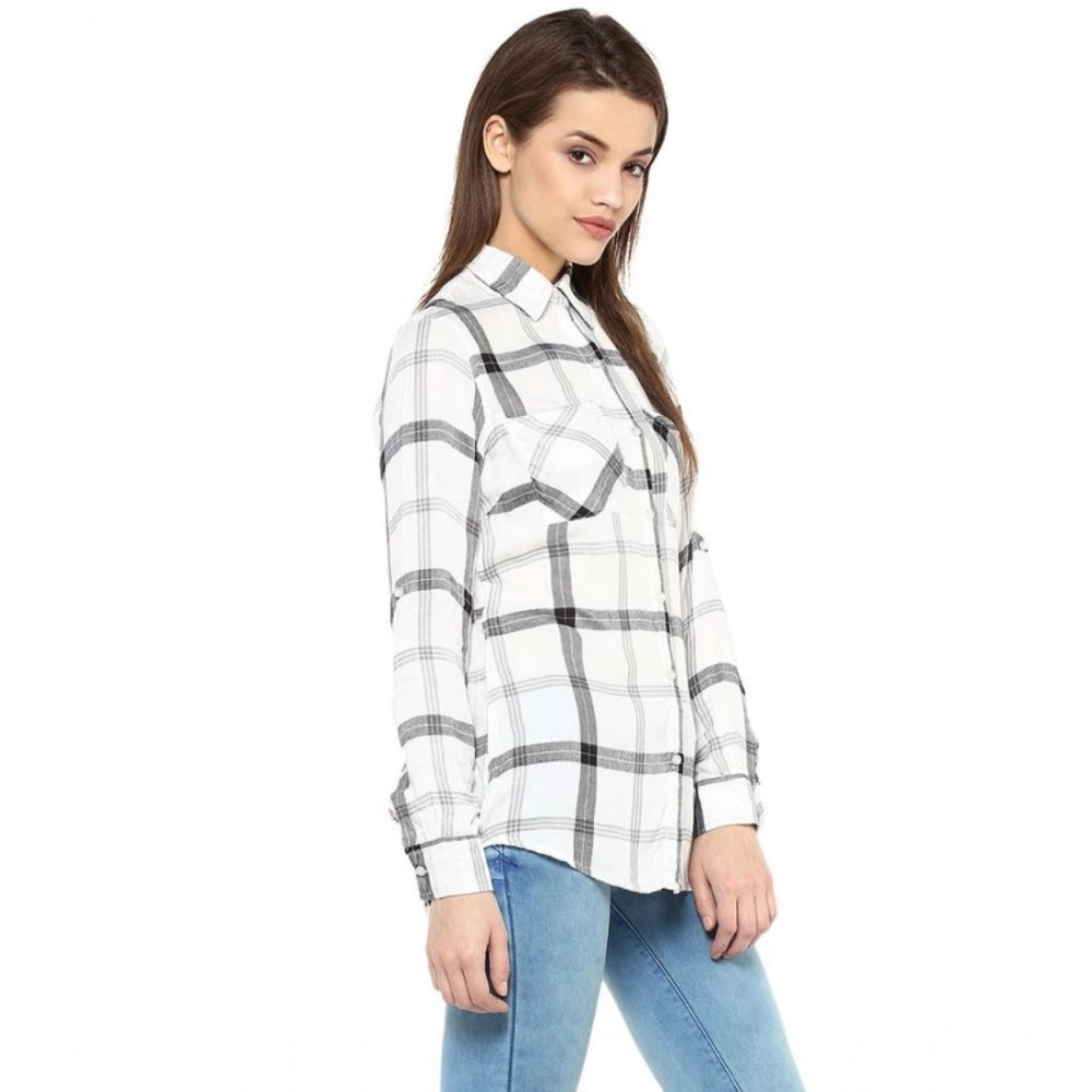 Generic Women's Rayon Checkered Long Sleeves Standard Length Shirt (Black - White)