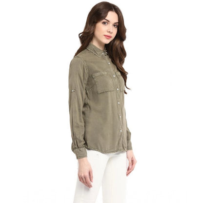 Generic Women's Rayon Solid Long Sleeves Standard Length Shirt (Olive Green)