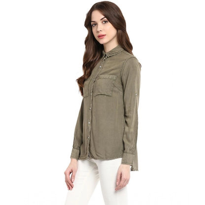 Generic Women's Rayon Solid Long Sleeves Standard Length Shirt (Olive Green)