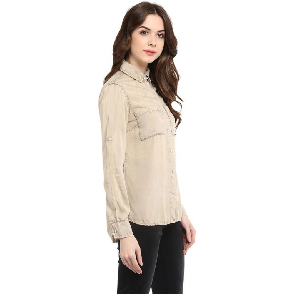 Generic Women's Rayon Solid Long Sleeves Standard Length Shirt (Beige)