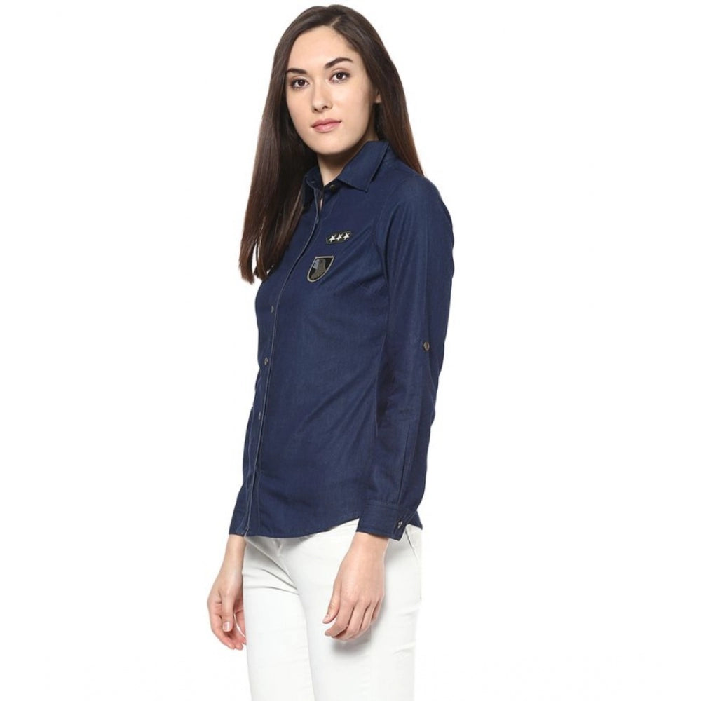 Generic Women's Denim Patch Work Long Sleeves Standard Length Shirt (Blue)