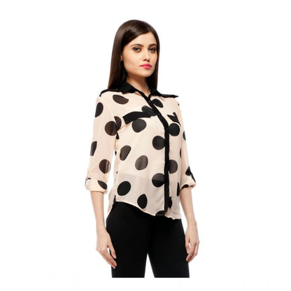 Generic Women's Polyester Polka Roll Up Sleeve Standard Length Shirt (Peach)