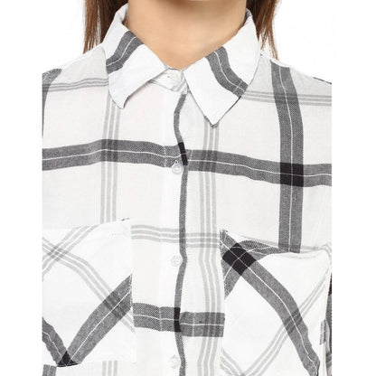 Generic Women's Rayon Checkered Long Sleeves Standard Length Shirt (Black - White)