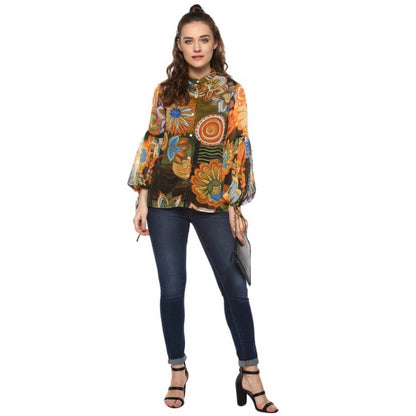 Generic Women's Polyester Floral Balloon Sleeve Top (Mustard - Olive)
