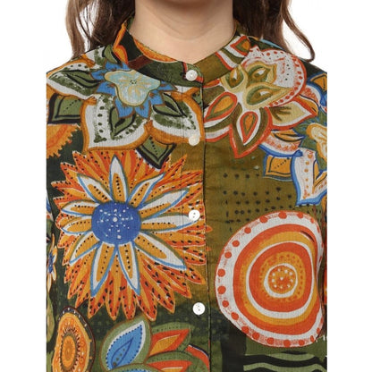 Generic Women's Polyester Floral Balloon Sleeve Top (Mustard - Olive)