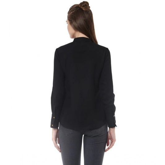 Generic Women's Polyester Ruffled Long Sleeves Top (Black)