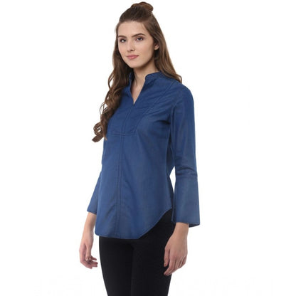 Generic Women's Denim Solid Bell Sleeve Regular Top (Blue Denim)