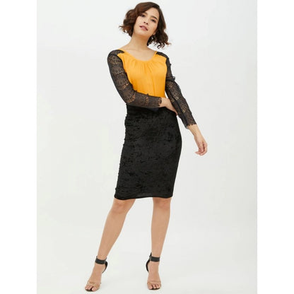 Generic Women's Rayon Lace Inserts Long Sleeves Top (Yellow)