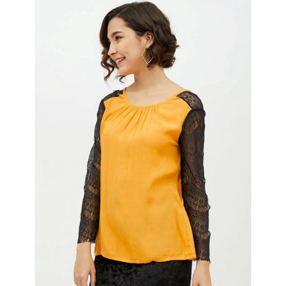 Generic Women's Rayon Lace Inserts Long Sleeves Top (Yellow)