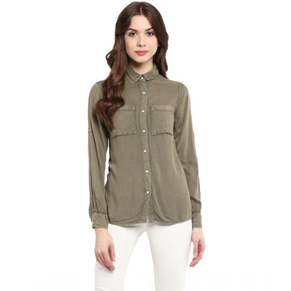 Generic Women's Rayon Solid Long Sleeves Standard Length Shirt (Olive Green)