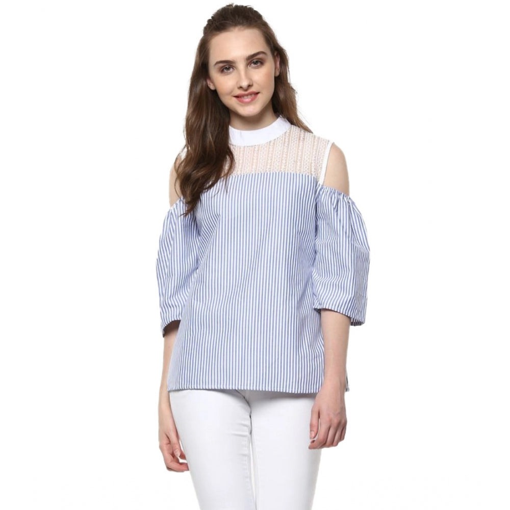 Generic Women's Cotton Striped Cold Shoulder Top (Blue)