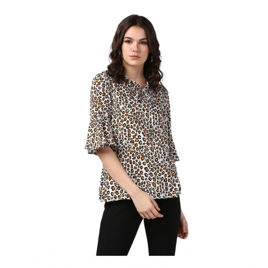 Generic Women's Polyester Animal Print Bell Sleeve Top (Orange - Black)