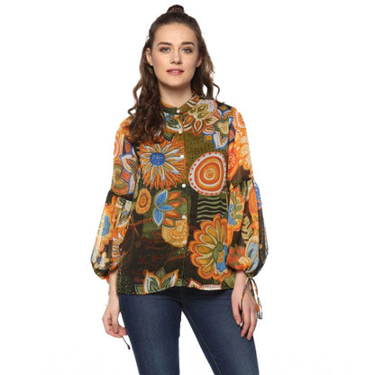 Generic Women's Polyester Floral Balloon Sleeve Top (Mustard - Olive)