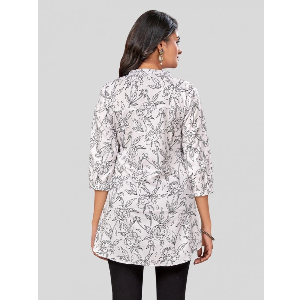 Generic Women's Poly Crepe Chinese Collar 3/4 Sleeves Short Top (Black-White)