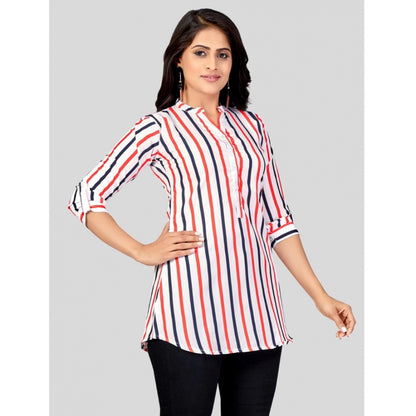 Generic Women's Poly Crepe Mandarin Collar 3/4 Sleeves Short Top (White)