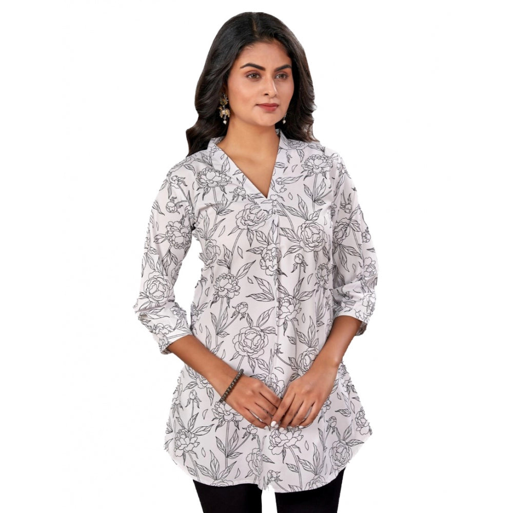 Generic Women's Poly Crepe Chinese Collar 3/4 Sleeves Short Top (Black-White)