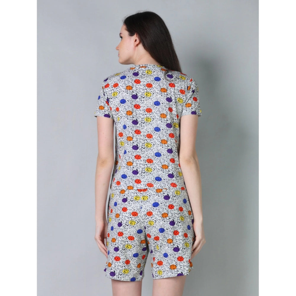 Generic Women's Cotton Blended Printed Round Neck Half Sleeve Top - Shorts Set (Grey)