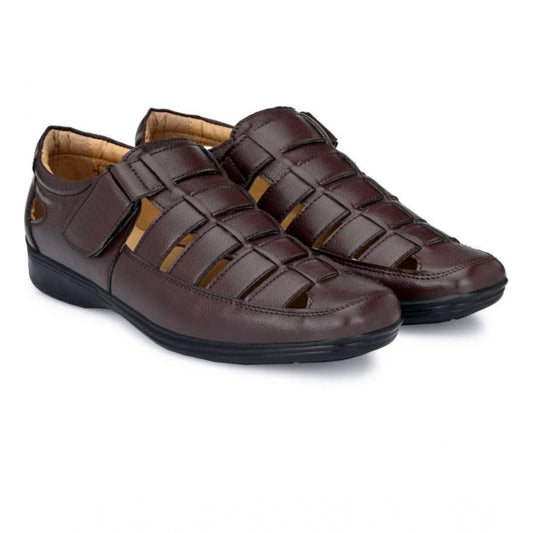 Generic Men's Casual Faux Leather Solid Velcro Sandal (Brown)