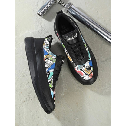 Generic Men's Casual Synthetic Printed Lace-Up Shoes (Black)