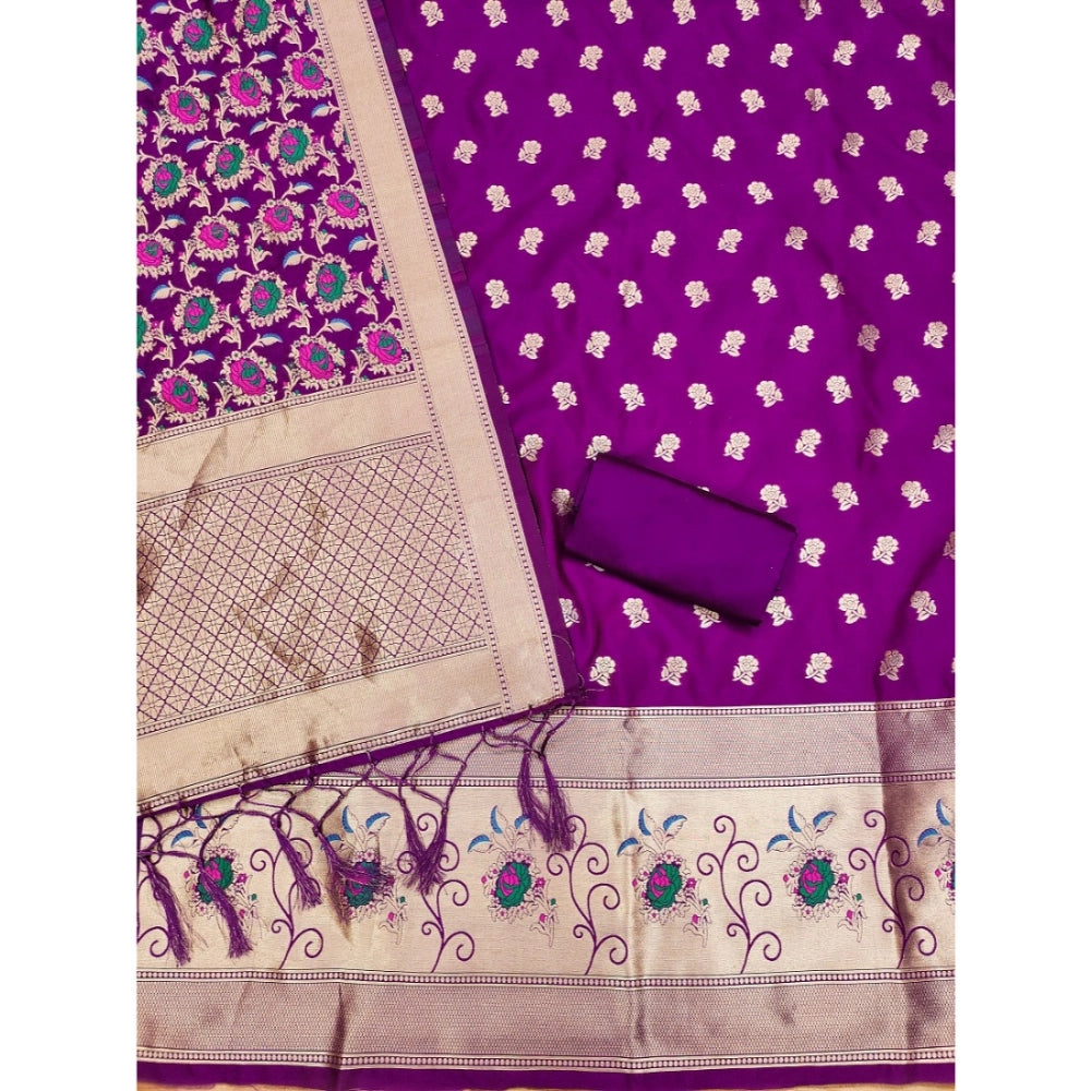 Generic Women's Banarasi Silk Printed Unstitched Salwar Suit Material With Dupatta (Purple, 3Mtrs)