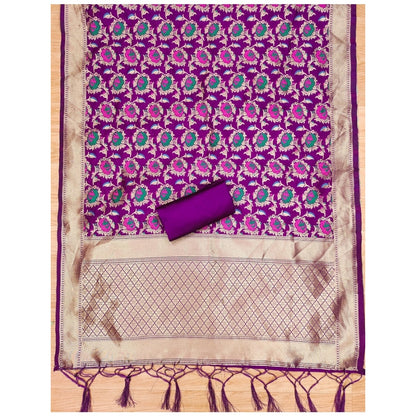 Generic Women's Banarasi Silk Printed Unstitched Salwar Suit Material With Dupatta (Purple, 3Mtrs)