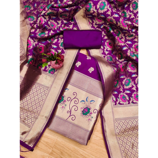 Generic Women's Banarasi Silk Printed Unstitched Salwar Suit Material With Dupatta (Purple, 3Mtrs)